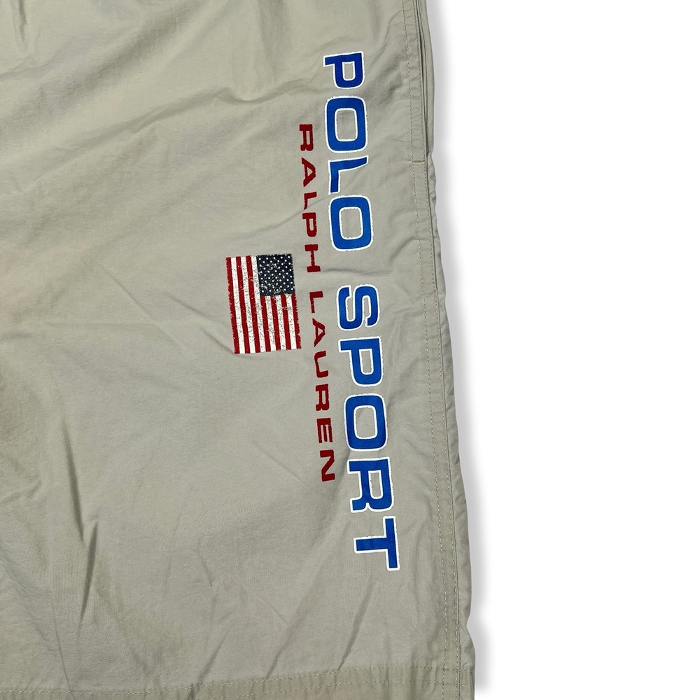 Vintage Polo Sport Ralph Lauren Mens XXL Tan Nylon Swim Trunks USA Flag Logo - Picture 2 of 8